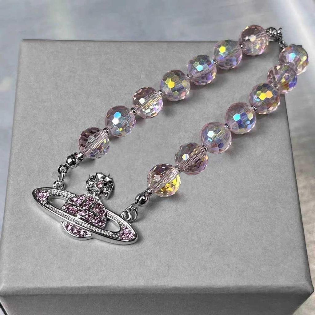Premium Natural Crystal Bead Necklace & Custom Pink Diamond Bracelet for Women