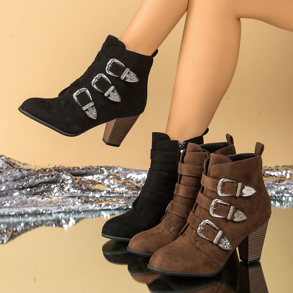 2025 Women Ankle Boots Buckle High Heels Pointed Toe Boots Autumn Winter Fashionable Versatile Casual Shoes Zapatos De Mujer