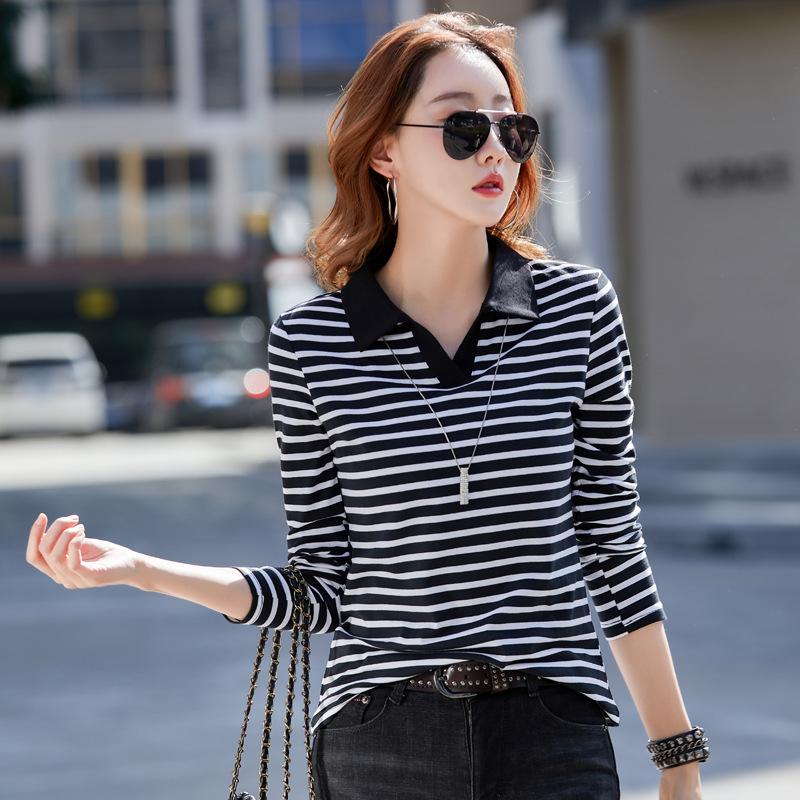 Women Striped T-Shirt Long Sleeve Tshirts V Neck Lady Tee Tops Female Clothes