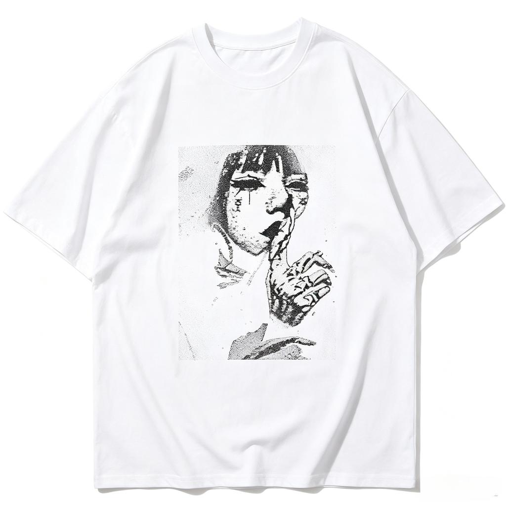 Grunge Anime Girl Print T Shirt Unisex Unisex Pure Cotton Short Sleeve Harajuku Streetwear Loose Dark Aesthetic Gothic Summer Tee