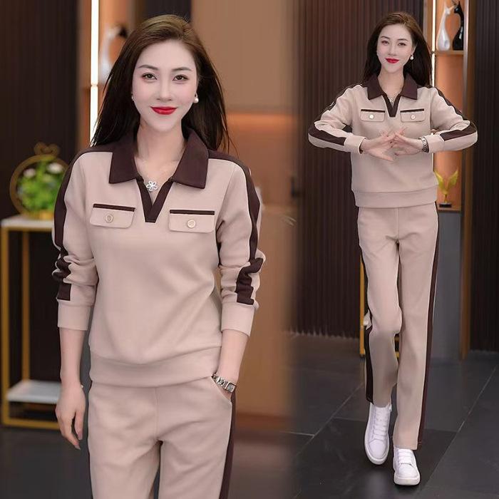 Women's Fall Casual Suit Ladies V-neck Long-sleeved Pullover Top + Wide-legged Pants Sports Two-piece Set