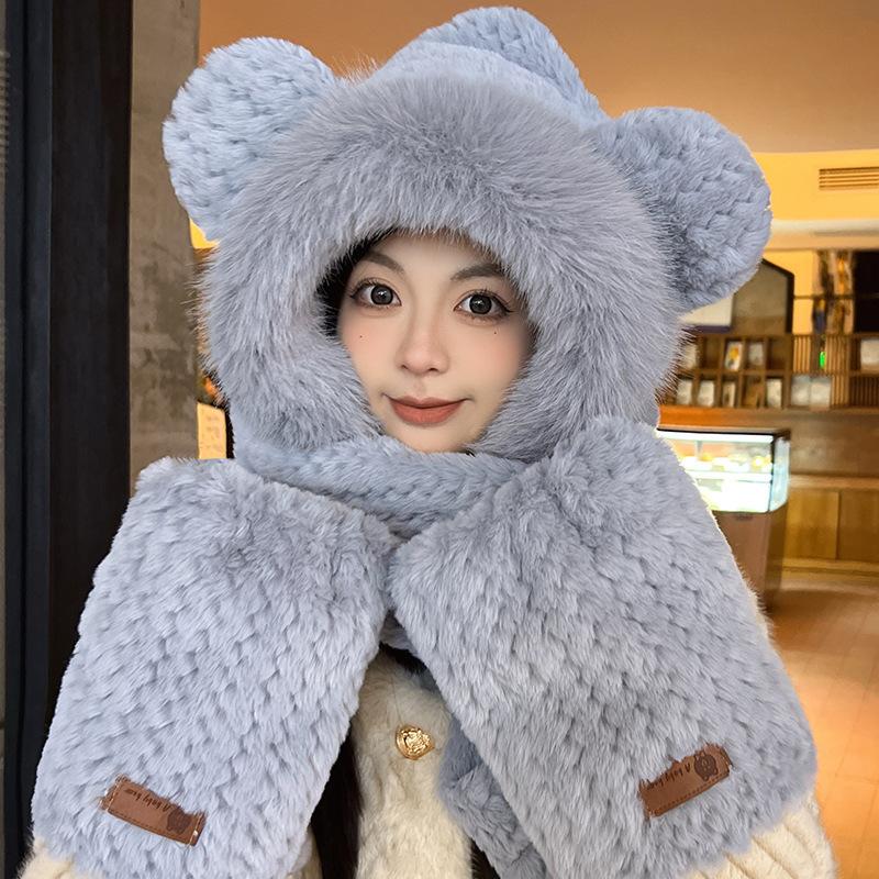 Winter Cute Velvet Warm Protective Hat Cute Bear Hat Women's Warm Hat Scarf Gloves Integrated Hat