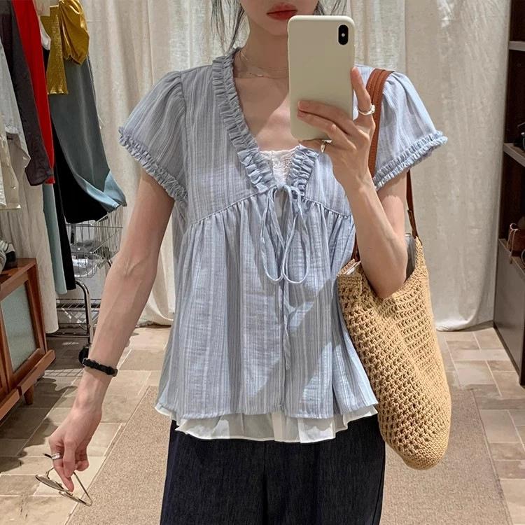Summer Women s Shirts Puffy Sleeved Loose Short-sleeved Knot Top Korean Sweet Loose XS