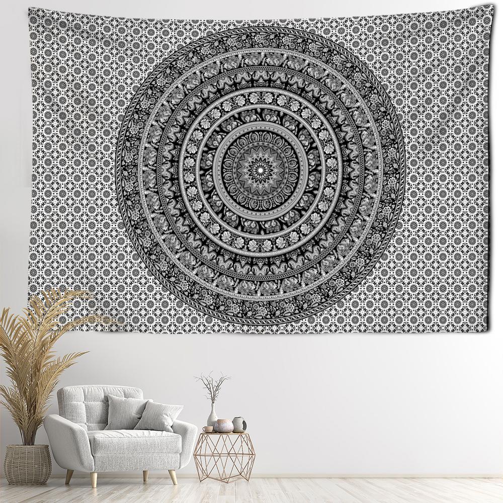 Schwarz Weiß Mandala Wandteppich Wandbehang Kunst Blumen Psychedelisch Hexerei Böhmen Schlafzimmer Heimdeko
