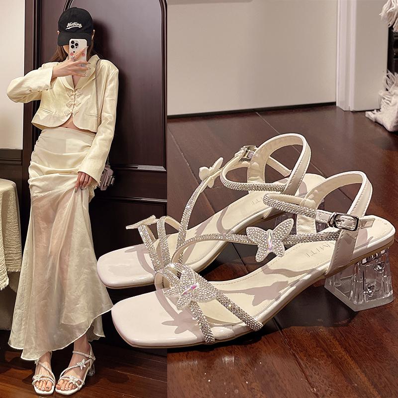 Fashion Women Fashion Open Toe Shining Blue Rhinestone Buckle Thick High Heel Sandals Rhinestone Gladiator Wedding Dress Shoes