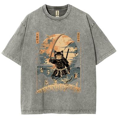 Japanese Cartoon Cat Samurai Print T-Shirt Unisex Retro Oversized Loose Short Sleeves Comfortable Cool Fashion Tee