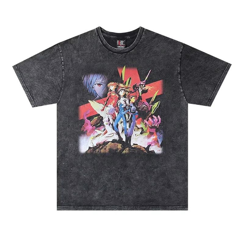 Japan Anime New Century Evangelion Graphic Print T-shirt Washed Vintage Cotton Summer New Tee Women Men Streetwear Harajuku Fashion Loose Oversize Top