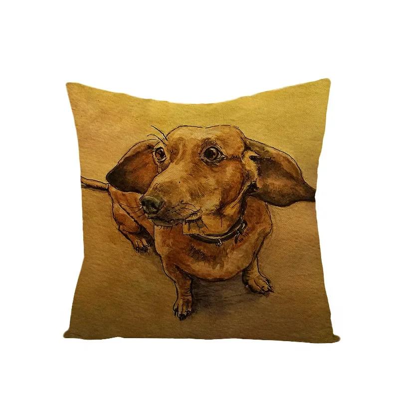 Animal Printed Cute Dog Cushion Cover Linen Poppy Throw Pillow Cover Decorative Sofa Pillow Case Pillowcase 45X45Cm