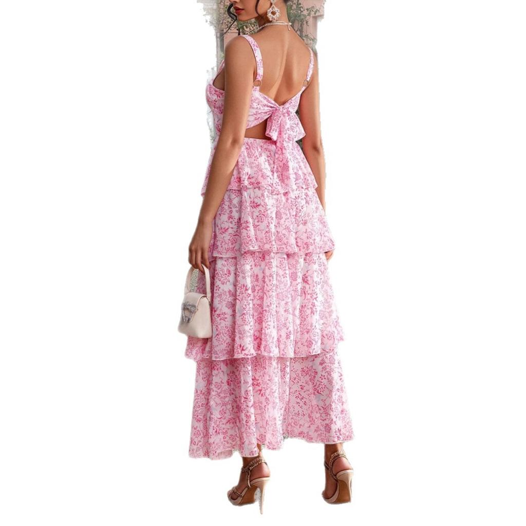 Elegant and Refined Floral Halter Cake Dress for Women's Spring and Summer