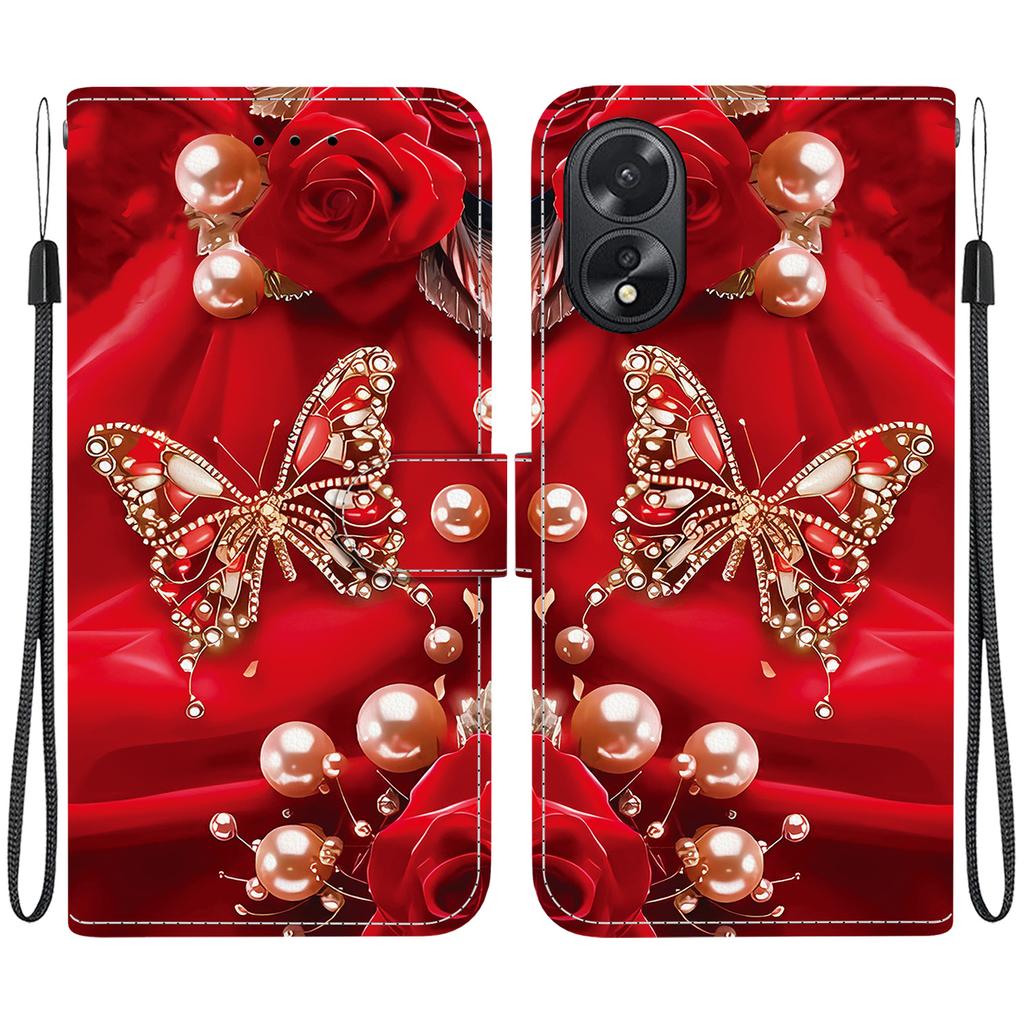 Handmade PU Leather Flip Case for Oppo A38/Oppo A18 Anti-Slip Shockproof Cover with Wrist Strap & Heart/Rose Cat Designs