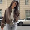 Women's Fashion Vintage Faux Fur Jacket Elegant Zipper Short Woolen Coats Long Sleeves Autumn Street Loose Lapel Outwear