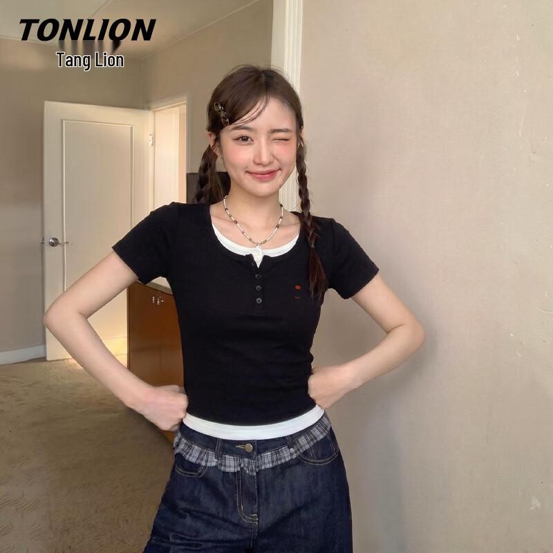 TonLion Women s Faux Two-Piece Short Sleeve T-Shirt XL