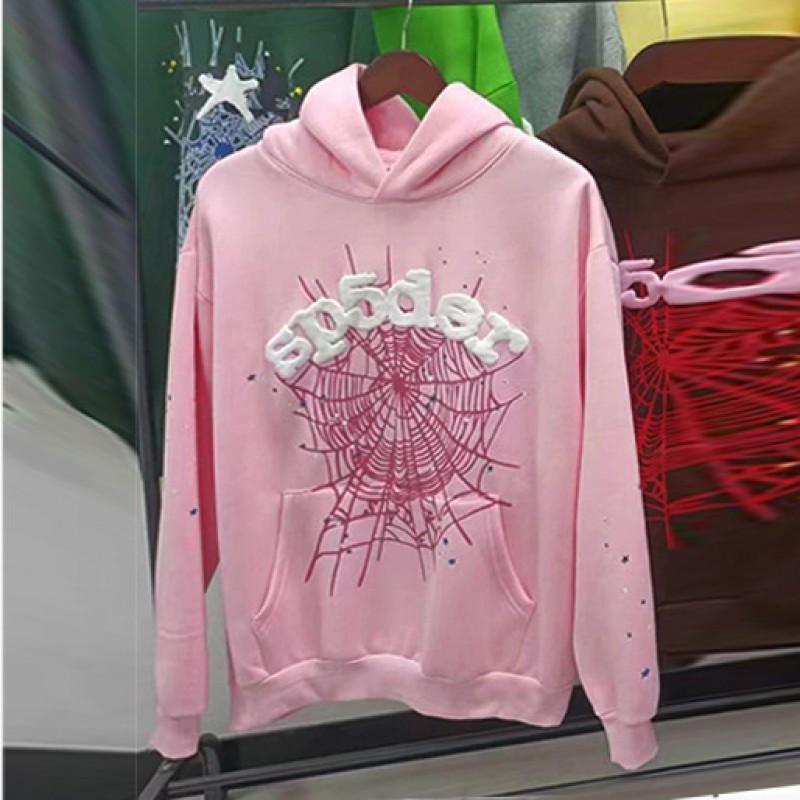 Felpa Sp5der Oversize Spessa in Pile con Stampa a Foglia Ragnatela Design Uomo Inverno Casual