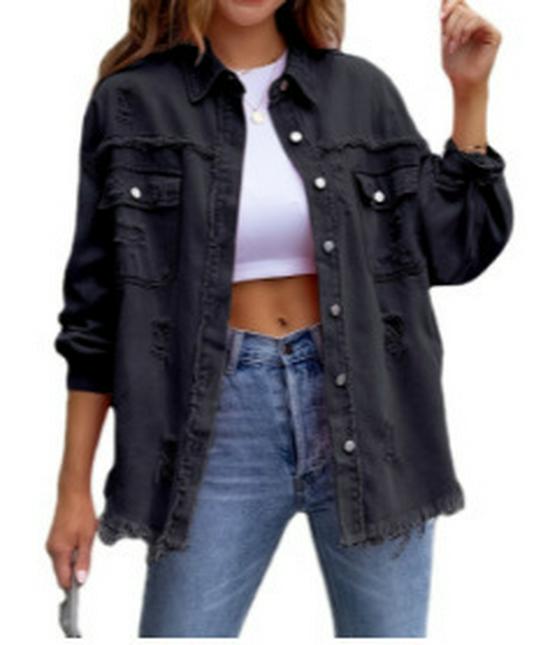 Women's 2025 European & American Solid Color Ripped Denim Jacket - Loose Fit, Long Sleeve