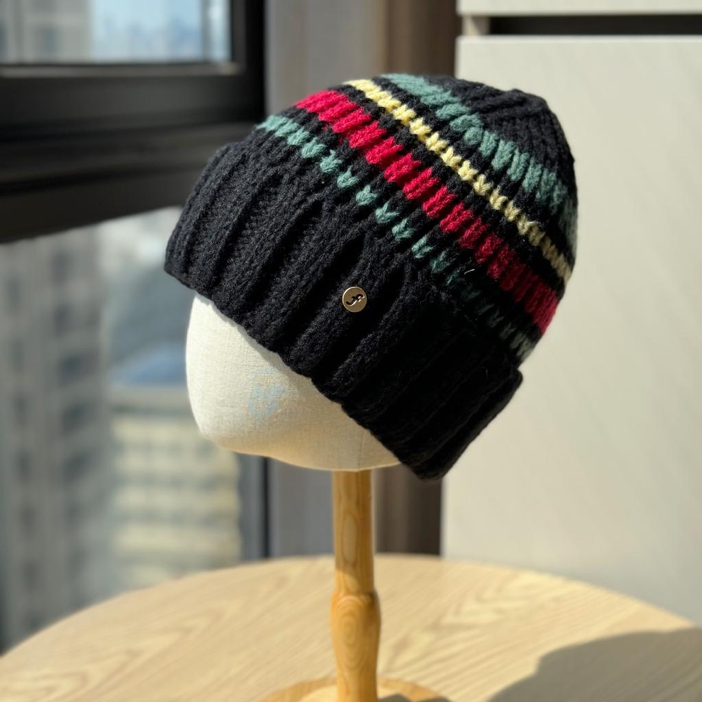 Color Block Striped Woolen Hat for Women Warm and Ear Protecting Street Versatile Winter Knitted Hat for Women Trendy