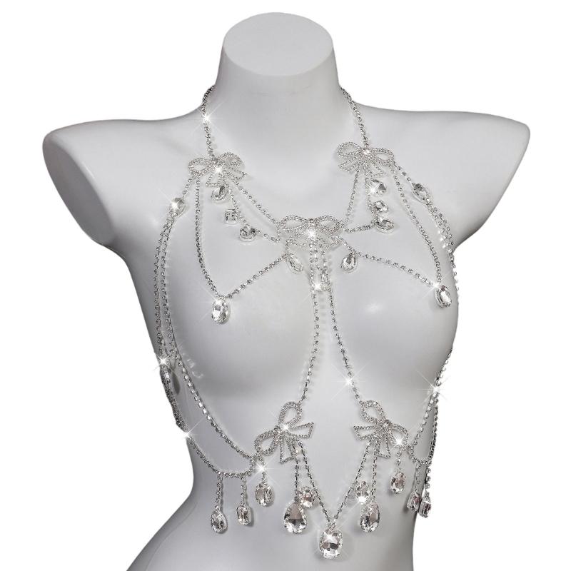 

Преувеличенная Цепь на Грудь Полностью из Страз Стильный Многослойный Дизайн Цепь на Тело Подходит Для Пляжных Вечеринок Мероприятий 1 серебряный