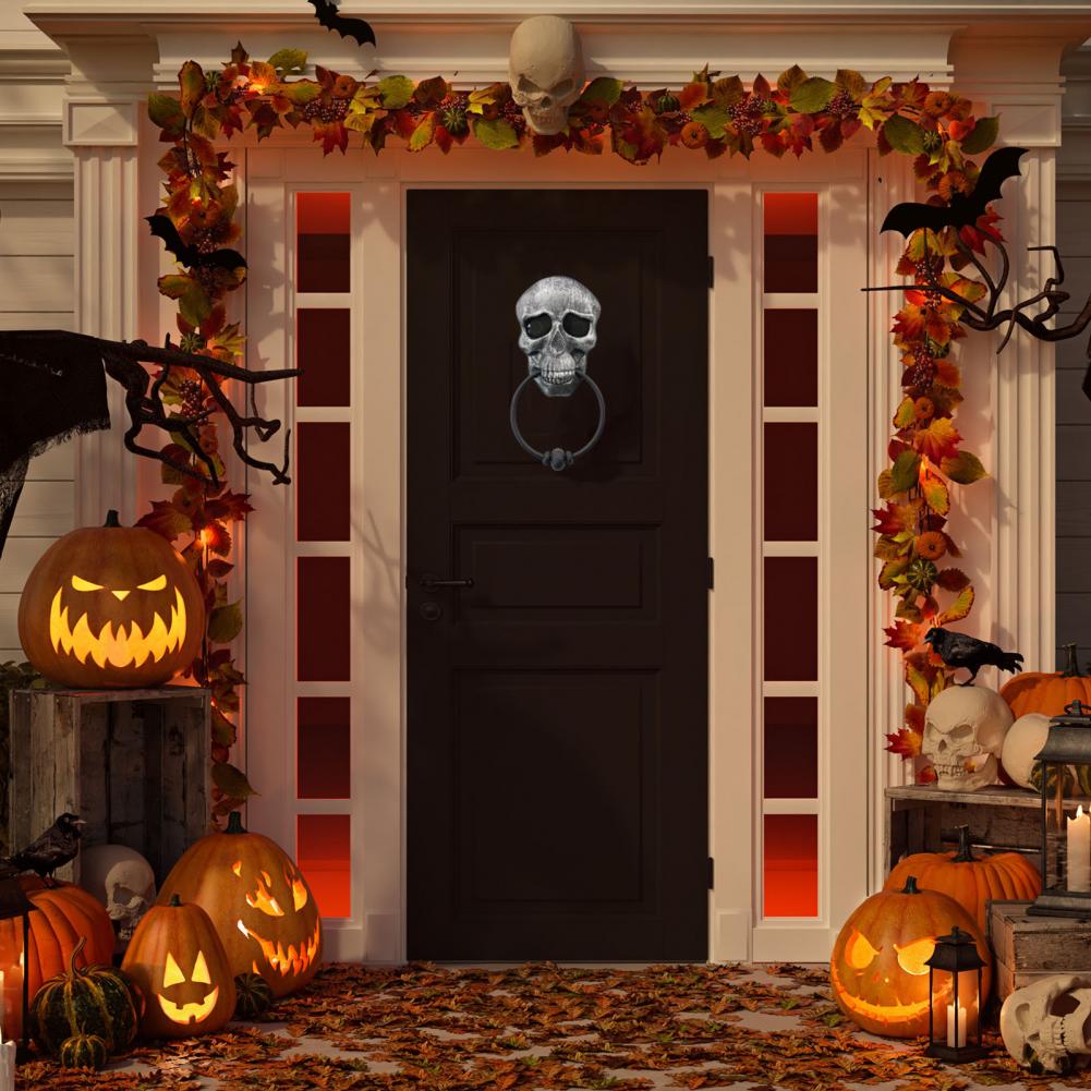 Portable Halloween Doorbell Halloween Prop Spooky Halloween Skull Doorbell with Skeleton Head Light-up Eyes Pop Out Snake