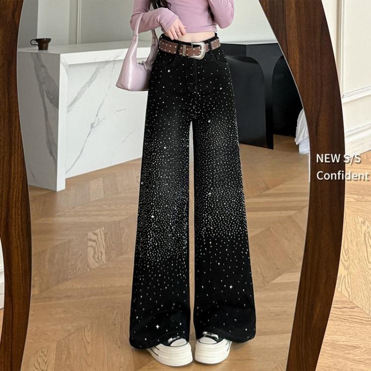 Women Rhinestone Pants  Fashion Stretchy Wide Leg Palazzo Trousers Korean Style
