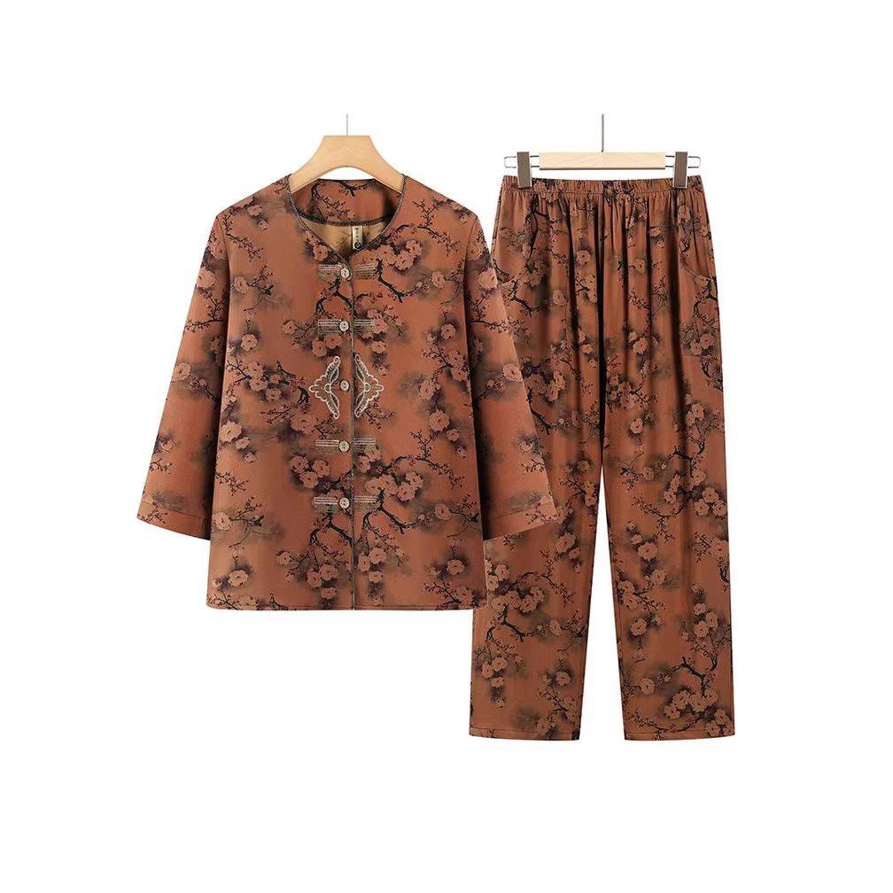 Spring & Autumn Floral Suit for Middle-Aged Women: Plus-Size Casual Two-Piece Set for Comfortable Home Wear