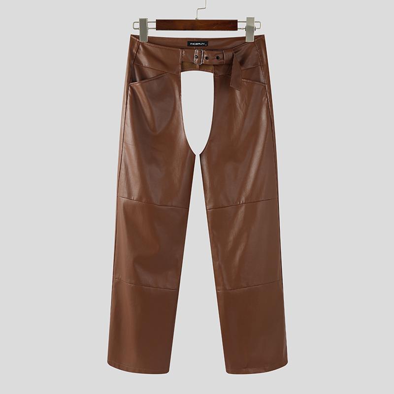 INCERUN Men Zip-up Waist Crotch Cutout PU Leather Party Long Pants Trousers