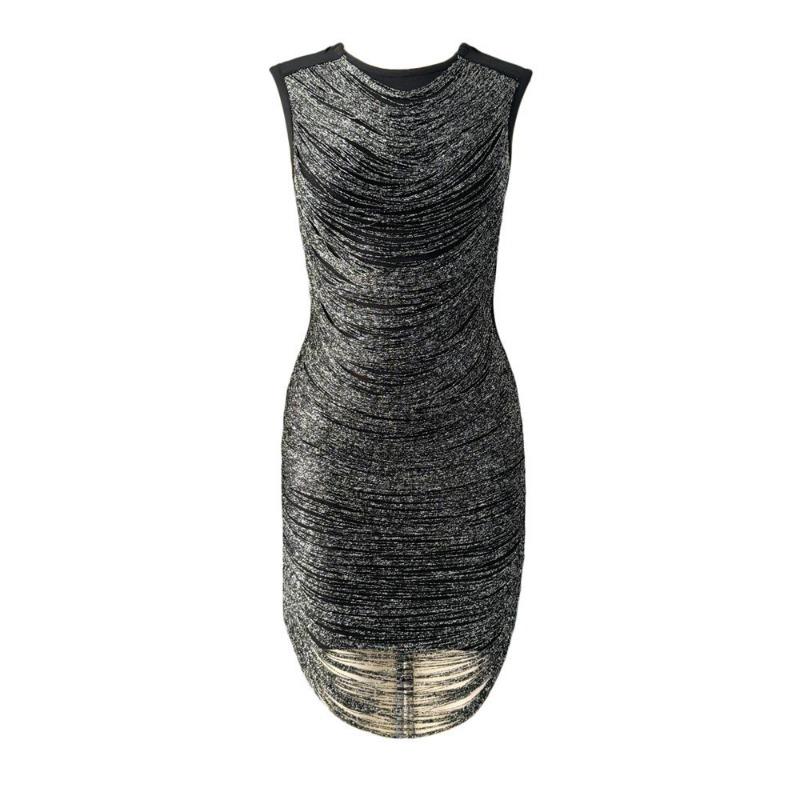 

New bandage dress fringed sexy evening dress nightclub party hip wrap elegant temperament sleeveless women s clothing XL