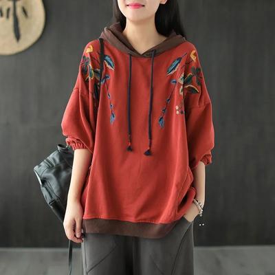 Women's Hooded Embroidered Sweater Early Autumn Retro Loose Pullover Casual Top