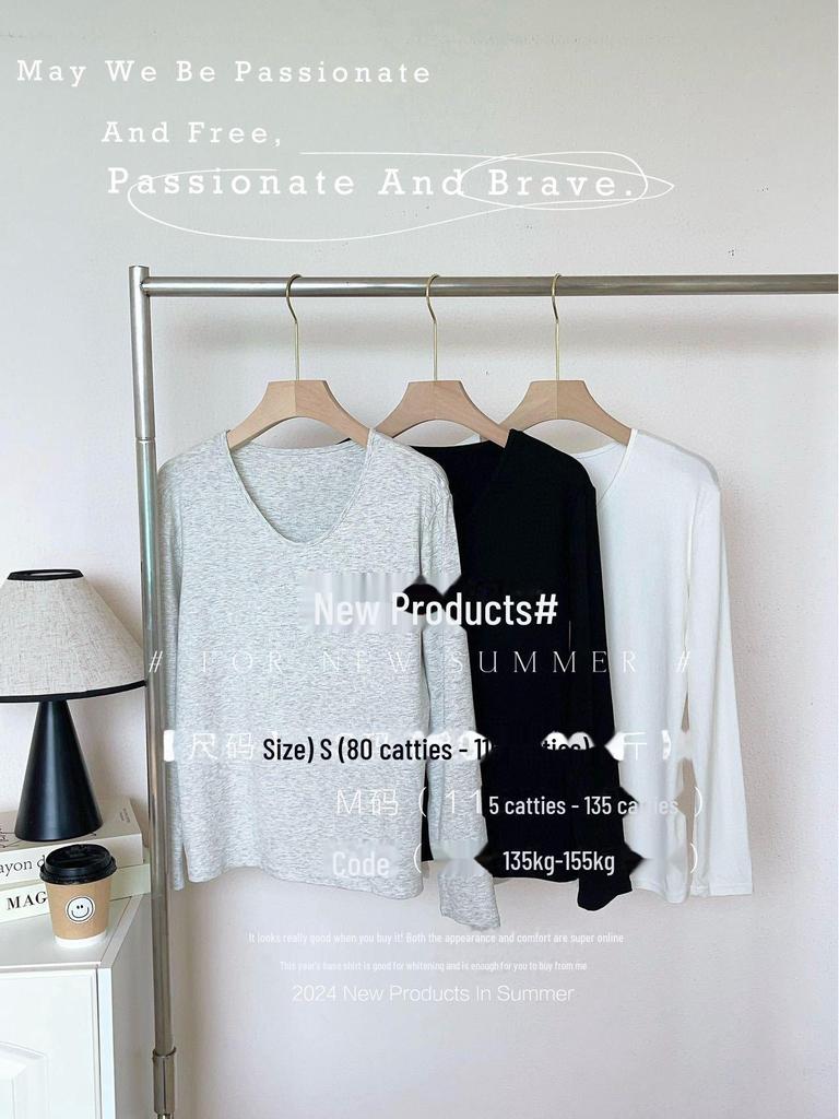 Pure Desire High-End Slim Fit Weißes V-Ausschnitt Langarm-T-Shirt