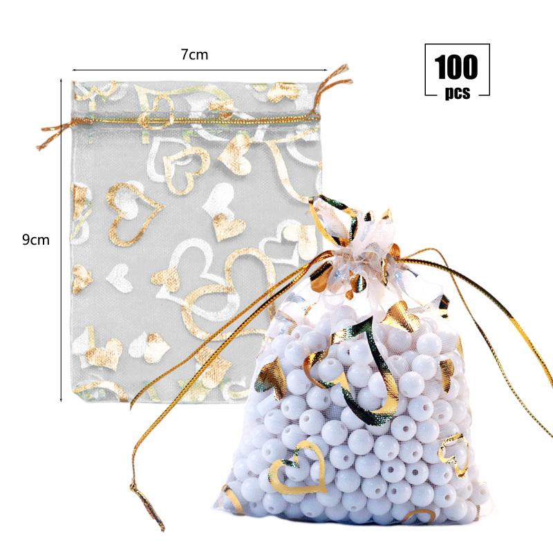100 bucăți saci cadou transparente din organza, cu model în formă de inimă, pungă de ambalare cu șnur pentru bijuterii