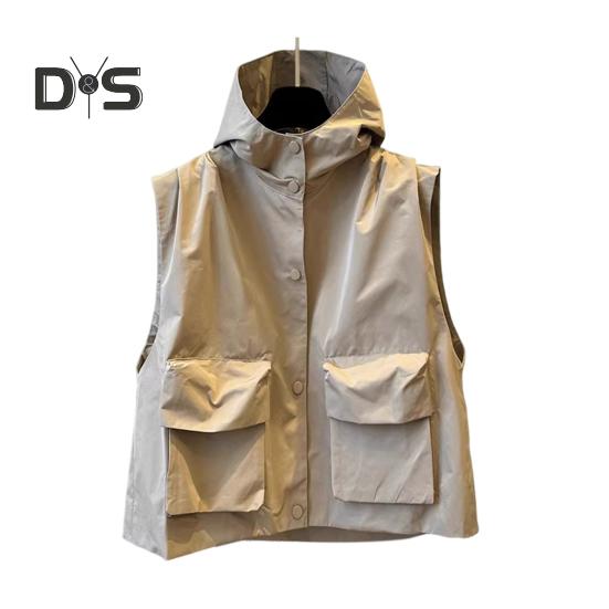 

Жилет карго с капюшоном, без рукавов, застежка-молния, однотонный жилет, пальто с карманами, свободный крой, однотонный жилет в уличном стиле M хаки