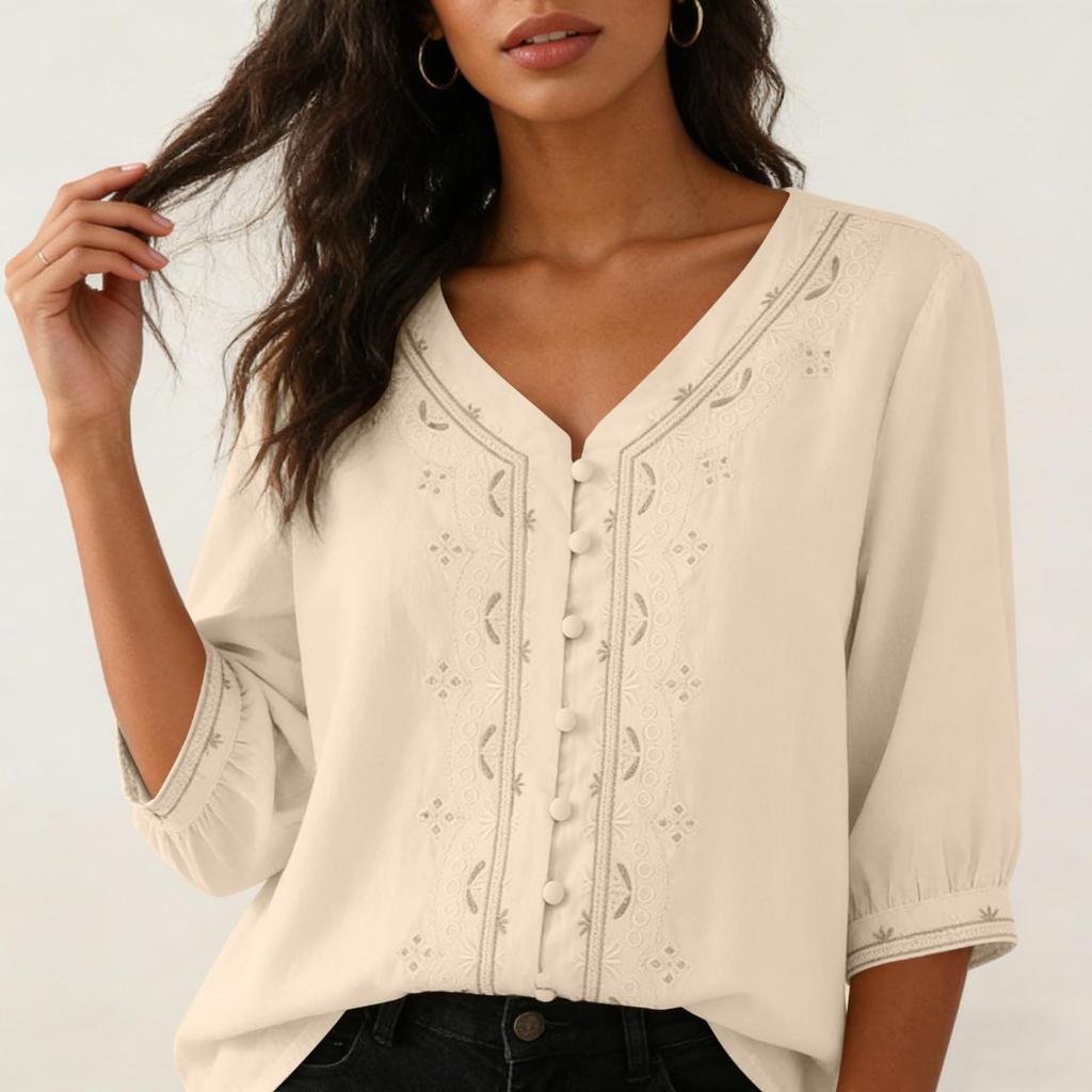 Women Cotton Linen Blouse Vintage Chinese Button Shirt 3/4 Sleeve V Neck Casual Loose Fit Top