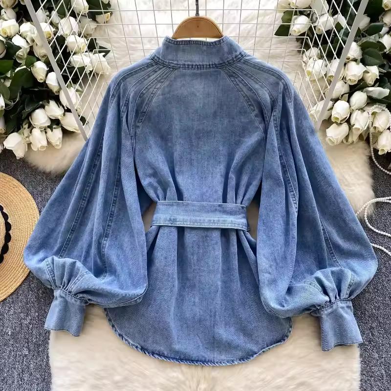 Denim Hemden&Blusen Damen Oberteile Herbst Frühling Laternenärmel Retro Einfarbig Stehkragen Bindegürtel Schick Camisas