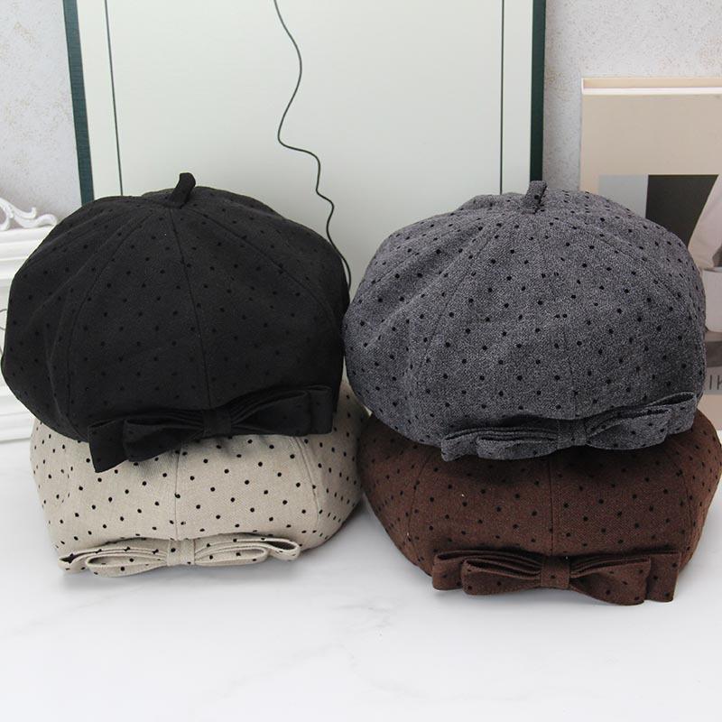 Bow Beret Women's Autumn and Winter Big Head Circumference Retro Dot Painter Hat Showing Face Small Star Anise Bud Hat