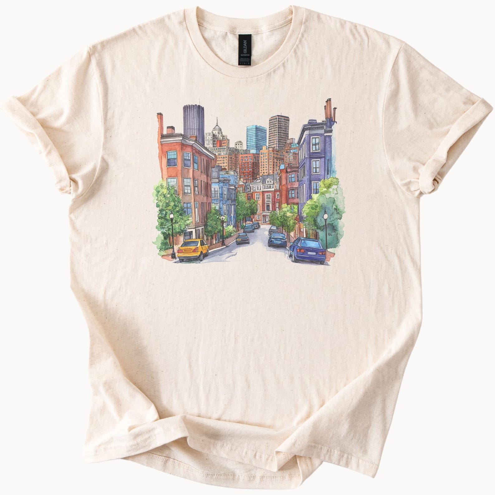 City Street Urban Skyline Graphic T Shirt Hand Drawn Downtown Buildings Illustration Cityscape Tee Artistic Architecture Shirt 150