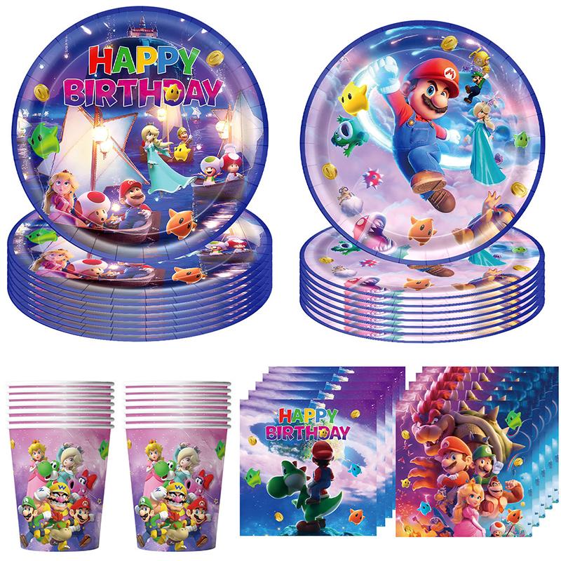 Anime Super Mario Bros Geburtstagsparty Dekoration Mario Luigi Einweggeschirr Tischdecke Serviette Teller Geschenktüte Partyzubehör
