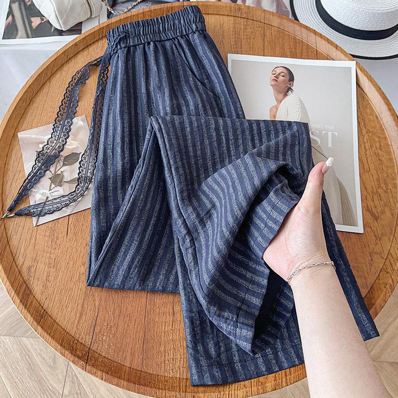 Fashion striped linen straight-leg pants women's 1116 summer new high-waisted slim tether casual wide-leg pants