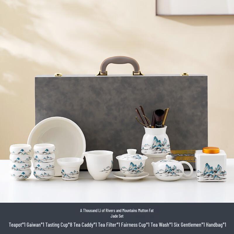 Chinese Landscape Mutton-Fat Jade Porcelain Tea Set