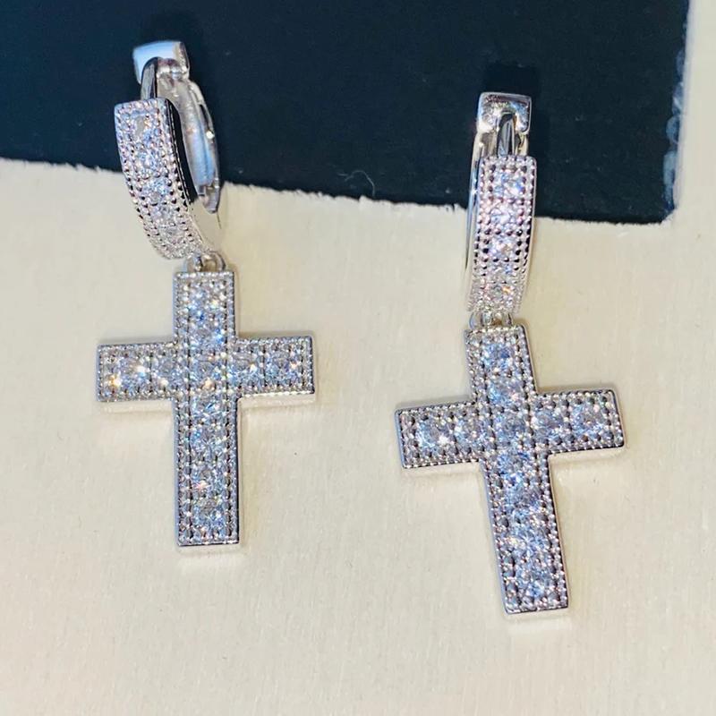 Huitan Dazzling Cross Pendant Earrings for Unisex Stylish Male Hiphop Accessories with Bright Zirconia Luxury Jewelry for Women