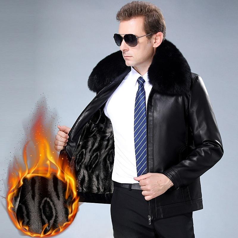 

Осенние и зимние мужские кожаные куртки для пап среднего возраста с воротником из овчины и меха лисы, а также теплые куртки из бархата 4XL