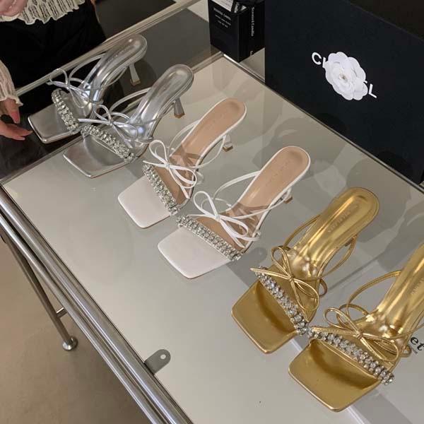 

Small sandals wear a word diamond with bow square heel sandals high heel slippers women 39 золотой