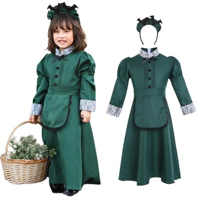 milky time Halloween Cosplay Maid Long Western-Style Costume, Women's, Green, (130cm, Kids)