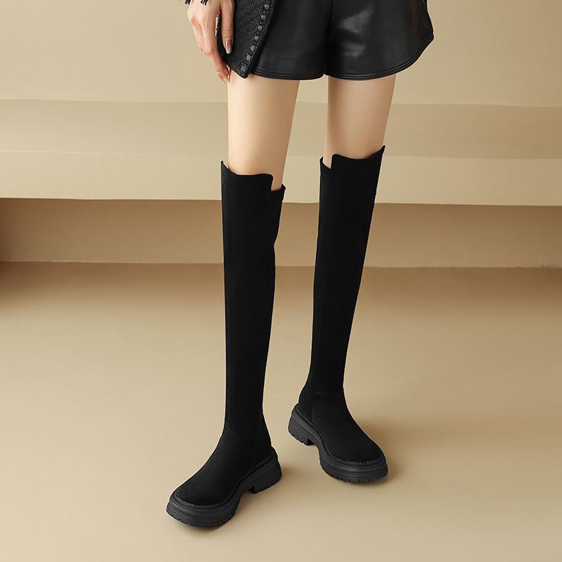 Krazing Pot Flock Autumn Winter Shoes Med Heels Flat Platform Size 42 Over-the-knee Boots Slip on Elastic Thigh High Boots