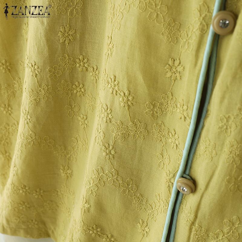 ZANZEA Vintage Damen Kurzarm Knopfleiste Patchwork Ethnische Stickerei Lässige Bluse