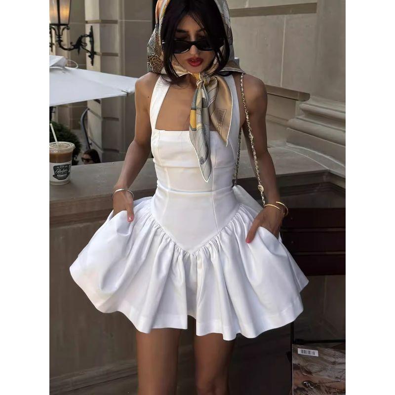 French Style Ballet Style Square Collar Hanging Neck Strapless Dress Backless Waist Hugging Short Dress Slim Fit Slimming A Word Solid Skirt for Women