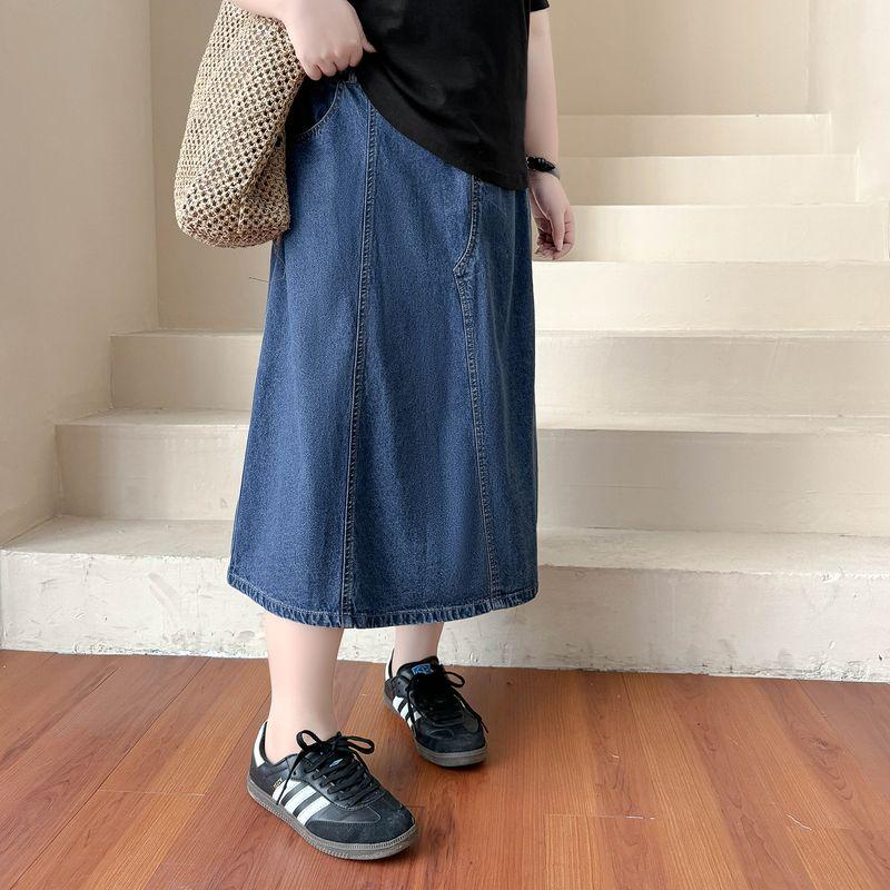 

Plus size women clothing [Korean Series Denim Skirt] Design Sense Patchwork 100.00kg Cover Thick Legs All-Matching Summer Skirt Blue 38