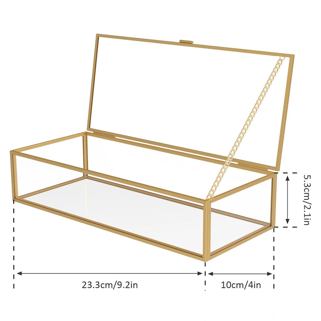 Glass Jewelry Box Vintage Jewelry Organizer Box with Hinged Lid and Mirrored Bottom Transparent Desktop Decorative Golden