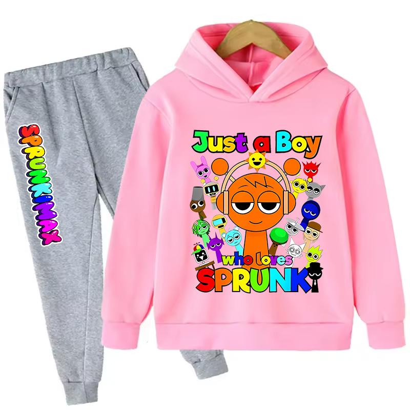 2026Herbst Lässig sprunki Cartoon Kinder Jungen Mädchen Druck Langarm Fleece Kapuzenpullover Lange Hose Anzug Festival Outdoor 130 gray