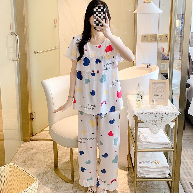 1011 new cotton and silk pajamas women's summer thin short-sleeved trousers set loose Korean version fresh and anti-bumping home