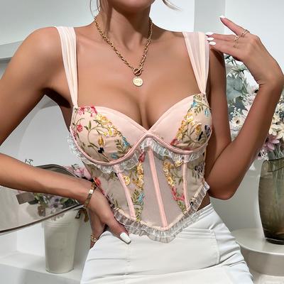 Frauen Floral Stickerei Spitze Leibchen Sommer Mode Streetwear Ins Sexy Tank Tops Casual Urlaub Französisch Vintage Dünne Camis