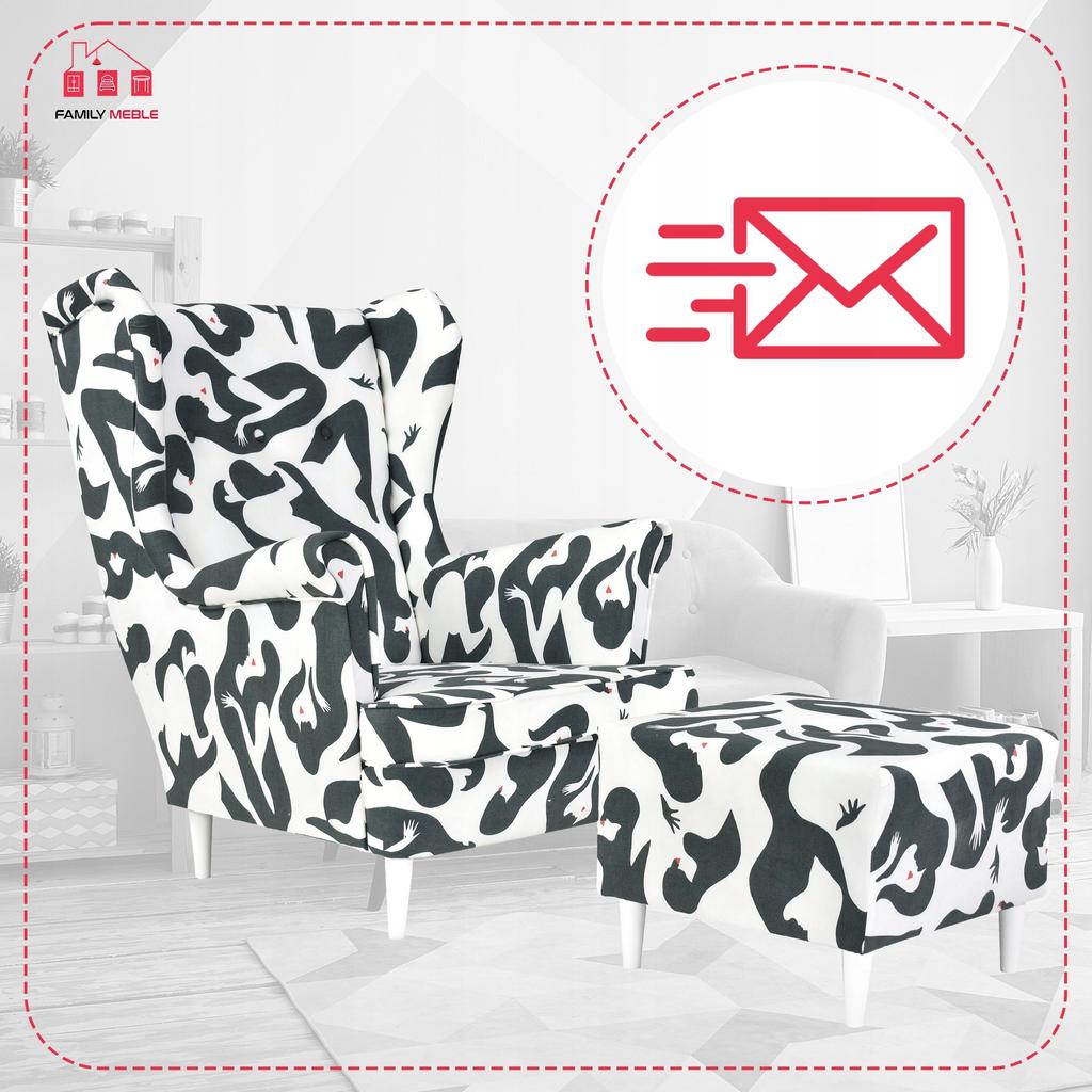 Fotel uszak ARI PRINT z podnóżkiem, skandynawski Family Meble mozaika