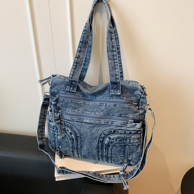 Gewaschene Denim-Umhängetasche mit mehreren Taschen und oberem Griff, verstellbarem Riemen, lässige Tragetasche für den täglichen Gebrauch